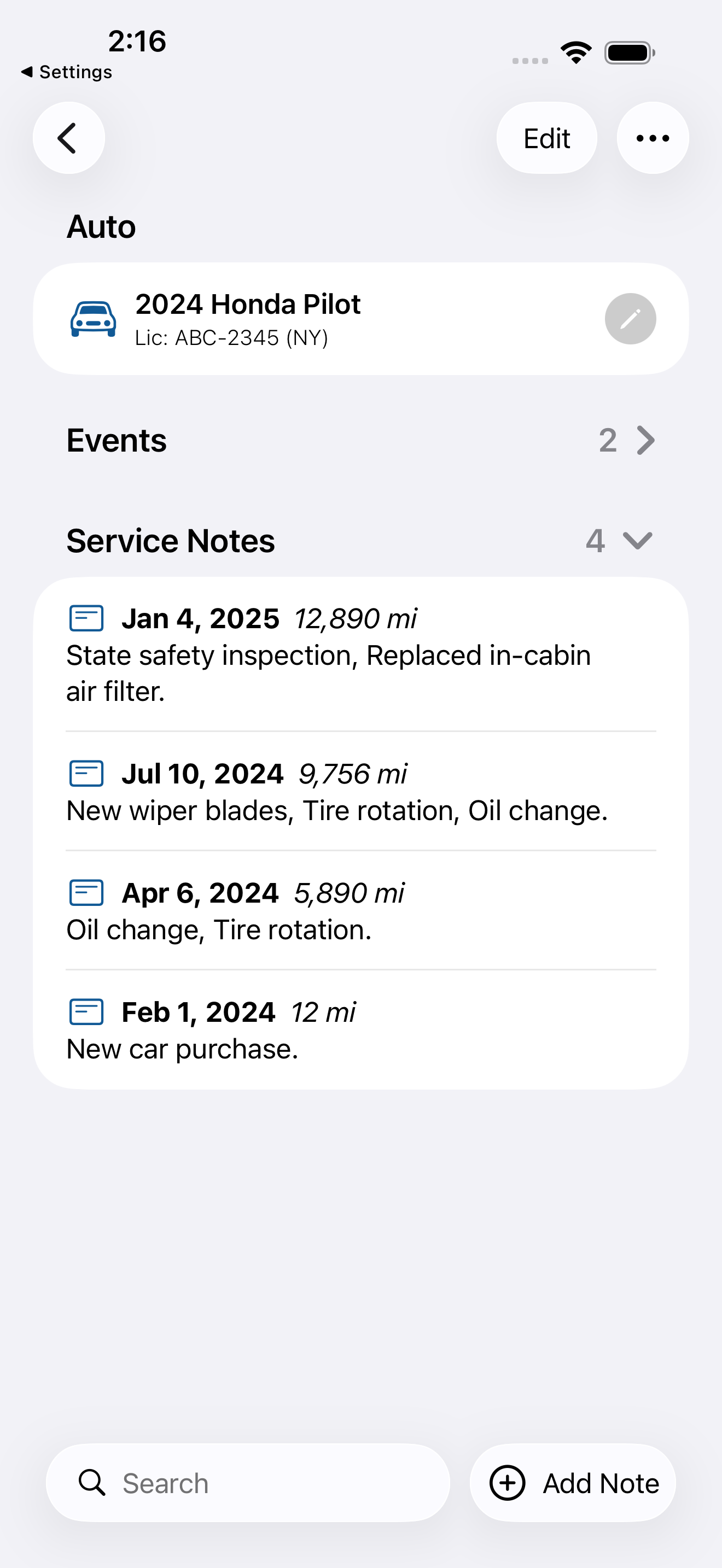 Service notes history for a auto